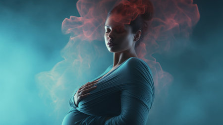 A pregnant woman with smoke coming out of her mouth, AIの素材