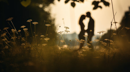 Silhouette of couple in field with flowers, AIの素材