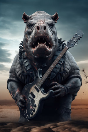 An infernal death metal hippo holding a guitar in the desert, AIの素材