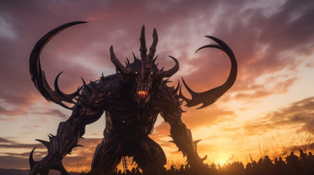 A demon with horns standing in front of a sunset, AIの素材