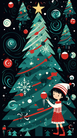 A girl is standing near a christmas tree with candy canes, AIの素材