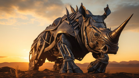 A metal rhino statue stands in the desert, AIの素材