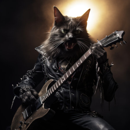 A cat dressed in leather playing an electric guitar, AIの素材