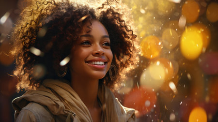 A woman with curly hair smiling in the sun, AIの素材
