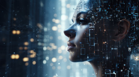 A woman with a digital face and her head is surrounded by data, AIの素材