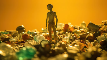 A small figure standing in a pile of plastic bottles, AIの素材