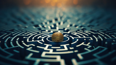 A golden key is sitting in the middle of a maze, AIの素材