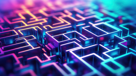 Abstract 3d image of a maze with many different colored lights, AIの素材