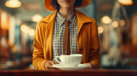 A woman in a yellow hat and coat holding coffee cup, AIの素材