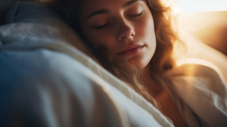 A woman sleeping in bed with the sun shining through her eyes, AIの素材