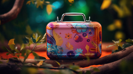 A colorful suitcase sitting on a branch in the woods, AIの素材