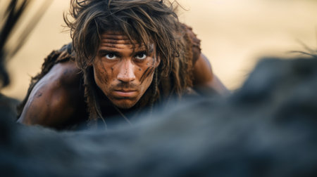 The prehistoric man in the movie is looking at something, AIの素材