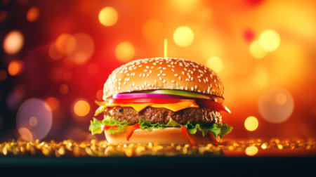 Hamburger with cheese and lettuce on a table, AIの素材