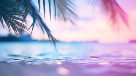 Tropical sunset with palm leaves and water, AIの素材