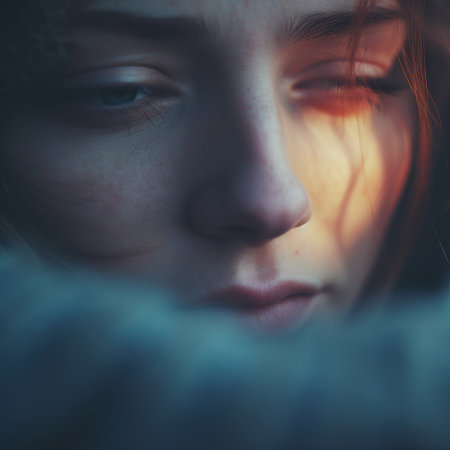 A woman with red hair and a scarf is looking down, AIの素材