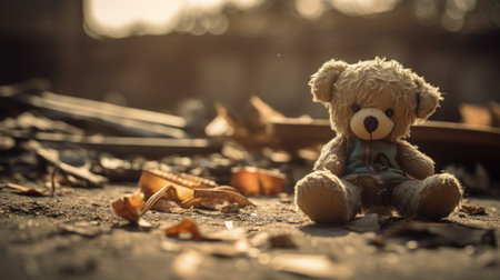 A teddy bear sitting on the ground in front of a pile, AIの素材