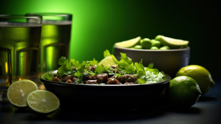 A bowl of salad with lime and beer, AIの素材