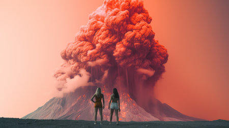 Two people standing in front of a volcano, AIの素材