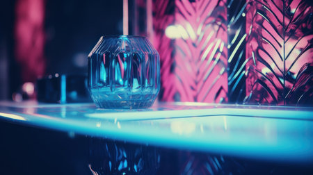 A glass vase sitting on a counter next to some pink and blue lights, AIの素材
