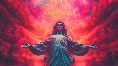 The jesus statue is surrounded by red and blue flames, AIの素材