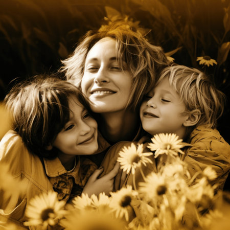 A woman and two children are hugging in a field of flowers, AIの素材