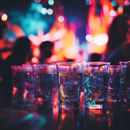 Many glasses of water are lined up on a table, AIの素材