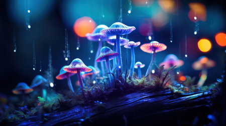 Mushrooms in the rain with water drops, AIの素材