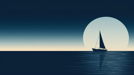 A sailboat in the ocean at night with a full moon, AIの素材