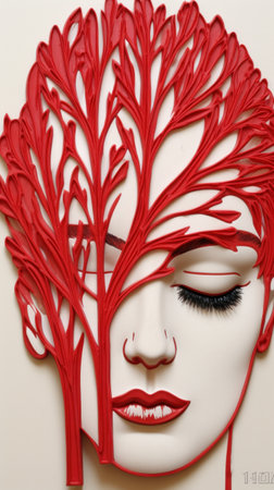 A womans face is made of red branches, AIの素材