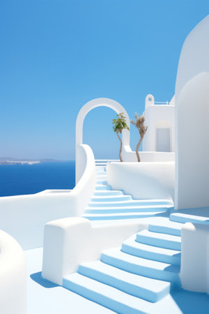 A white house with steps leading to the ocean, AIの素材