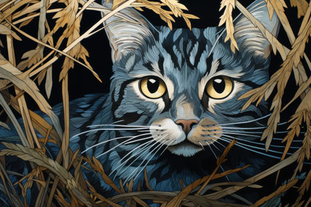A painting of a cat in the tall grass, AIの素材