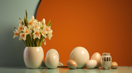 Easter eggs and flowers in vases on a table, AIの素材