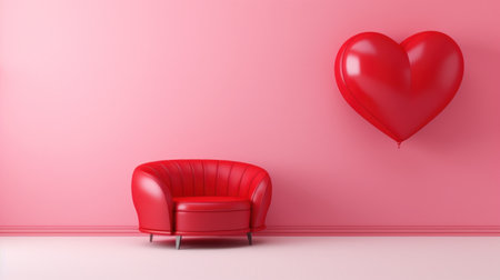 A red chair and a heart shaped balloon in front of the wall, AIの素材
