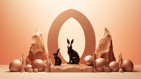 A black easter rabbit and two easter eggs are sitting in front of a large oval, AIの素材