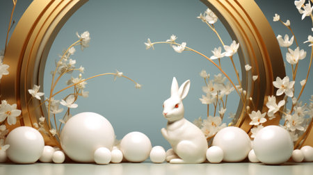 Easter bunny and eggs in a golden frame, AIの素材