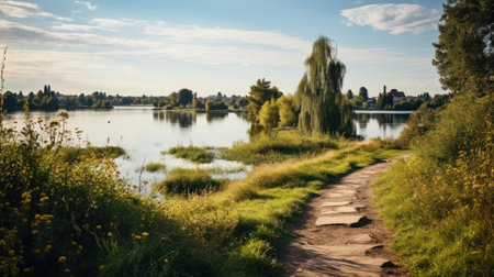 A dirt path leading to a body of water, AIの素材