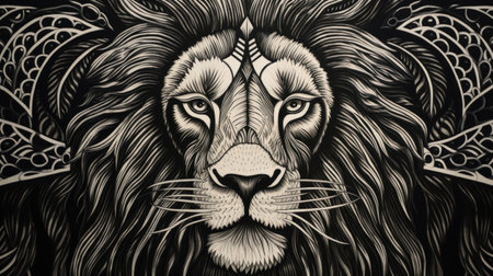 A lion head with tribal patterns on it, AIの素材