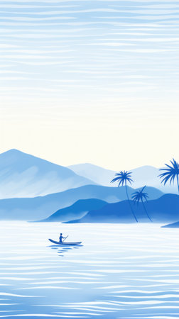 A man in a canoe on the water with palm trees, AIの素材