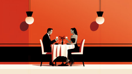 A couple is sitting at a table in an orange room, AIの素材