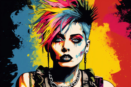 A woman with a colorful mohawk and piercings, AIの素材