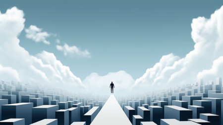 A man stands on a path between two rows of cubes, AIの素材