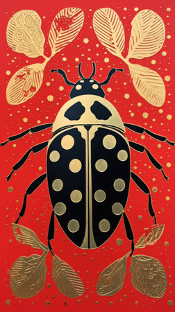 A ladybug with gold foil on red background, AIの素材
