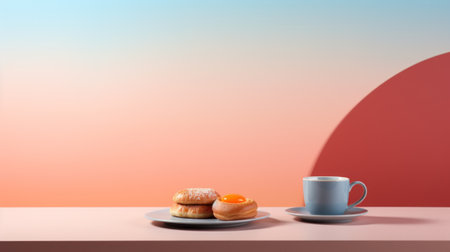 Coffee and donuts on a table with an orange background, AIの素材