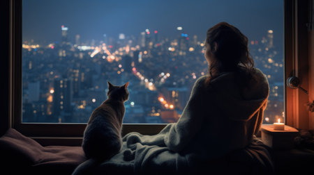 A woman and cat looking out a window at night, AIの素材