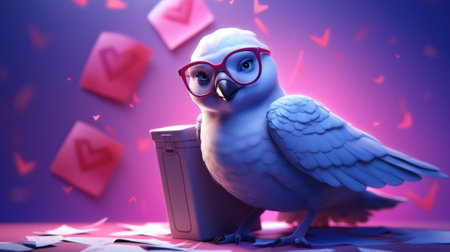 A white bird with glasses and a heart on its chest, AIの素材