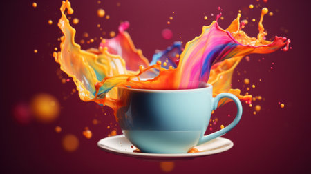 Colorful liquid splashing into a cup of coffee, AIの素材