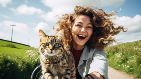 A woman is riding a bike with her cat, AIの素材