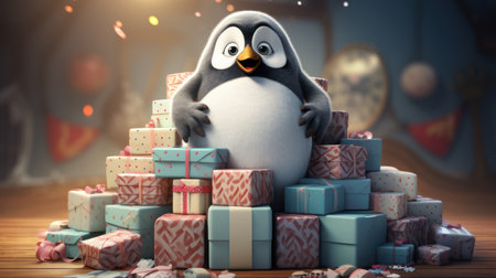 A penguin sits on top of a pile of presents, AIの素材