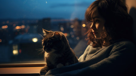 A woman sitting in front of a window with her cat, AIの素材