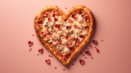 A heart shaped pizza with pepperoni and mushrooms on a pink background, AIの素材